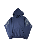 A navy blue pullover hoodie with a white dragon graphic stitched on both sleeves, displayed against a solid white background.
